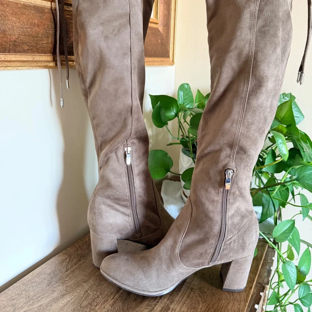 Marc Fisher LTD Alina OTK Boots Womens 10 Taupe Block Heel Cottagecore Soft Girl